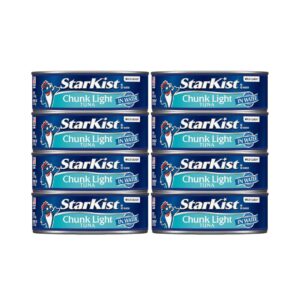 Eight cans of StarKist Chunk Light tuna.