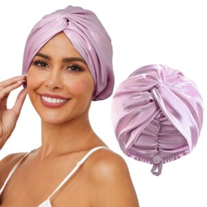 A woman wearing a purple satin hair bonnet.