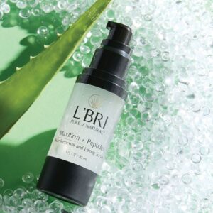 L'BRI Maxifirm + Peptides next to an aloe leaf representing clean skincare.