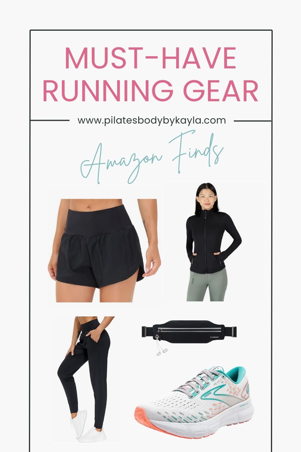 Must-have running gear for beginners on Amazon including shorts, a lightweight jacket, leggings, a belt bag, and running shoes.