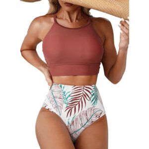A woman wearing a Herseas high neck high waisted bikini set and a wide brim hat.