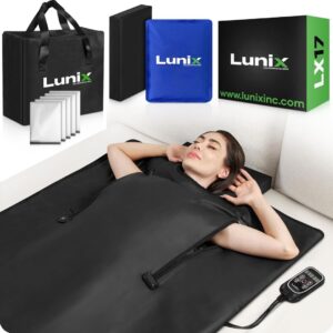 A woman using a Lunix sauna blanket representing biohacking for women.