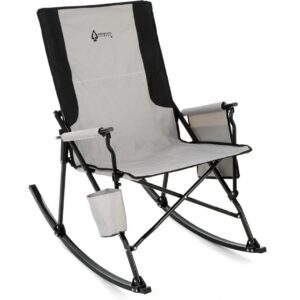 A gray rocking camp chair for your outdoor Pilates camping trip.