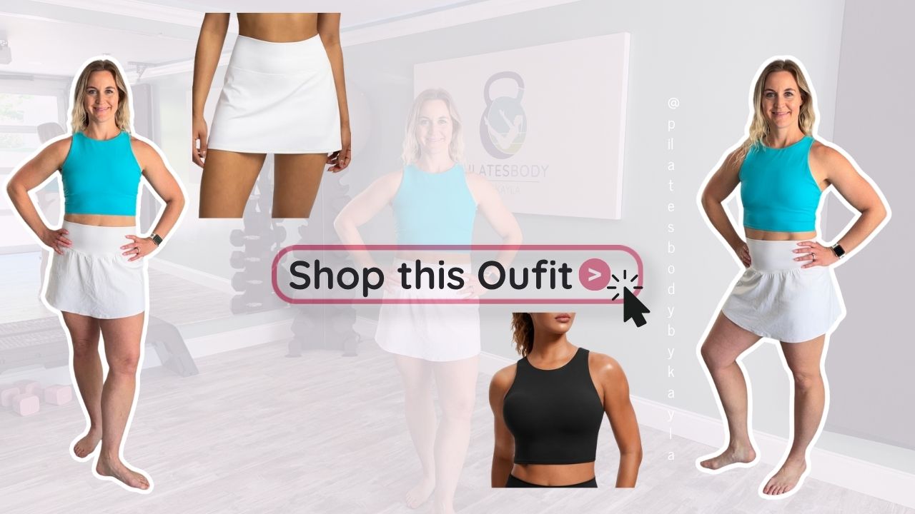 White high-waisted A-line tennis skirt and blue crop tank top.