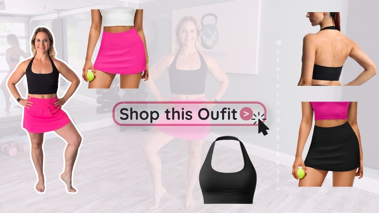 Black high-waisted tennis skort with pockets paired with a black halter top.