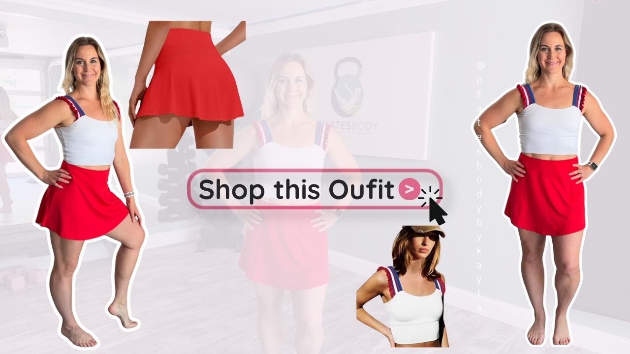 A red pleated athletic skort with pockets paired with a white cropped workout tank top.