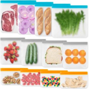 Reusable silicone food storage bags with meat, produce, and snacks