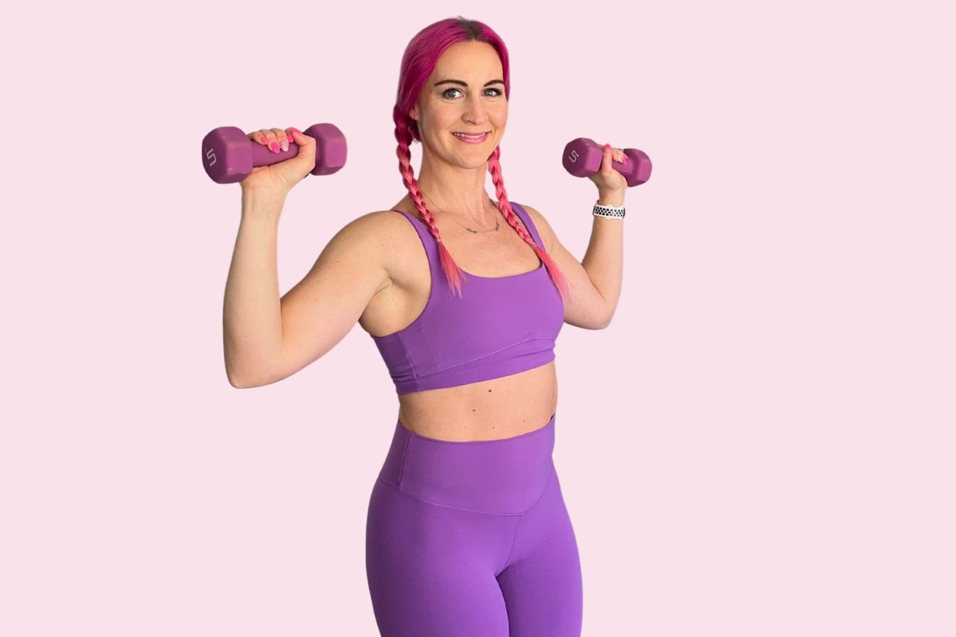 6 week pilates x strength program for busy moms build lean muscle full body balance purple athletic apparel pink dumbbells pilatesbody by kayla