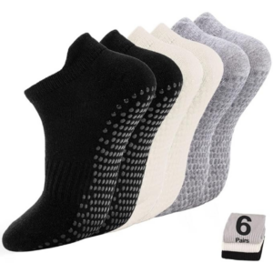 Pilates grip socks in black, white, and gray