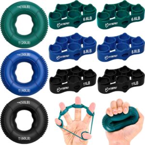 Grip strength and finger resistance bands for hand, finger, and forearm exercises