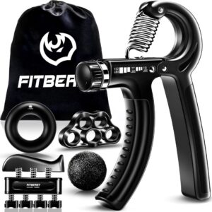 Grip strengthening kit with hand exercisers and finger resistance tools to help build grip strength at home.