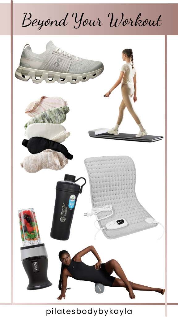 Collage of wellness essentials that support your body beyond exercise, including running shoes, a walking pad, silk eye mask, heating pad, Blender Bottle, foam roller, and personal blender.